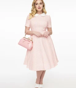 Unique Vintage Swing|Pocket Dresses>1950s Pink & White Striped Brielle Swing Dress
