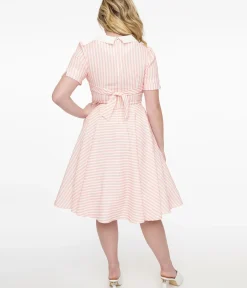 Unique Vintage Swing|Pocket Dresses>1950s Pink & White Striped Brielle Swing Dress