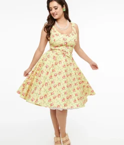 Unique Vintage Swing|Pocket Dresses>1950s Pistachio Green & Pink Floral Cotton Selda Swing Dress