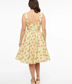 Unique Vintage Swing|Pocket Dresses>1950s Pistachio Green & Pink Floral Cotton Selda Swing Dress
