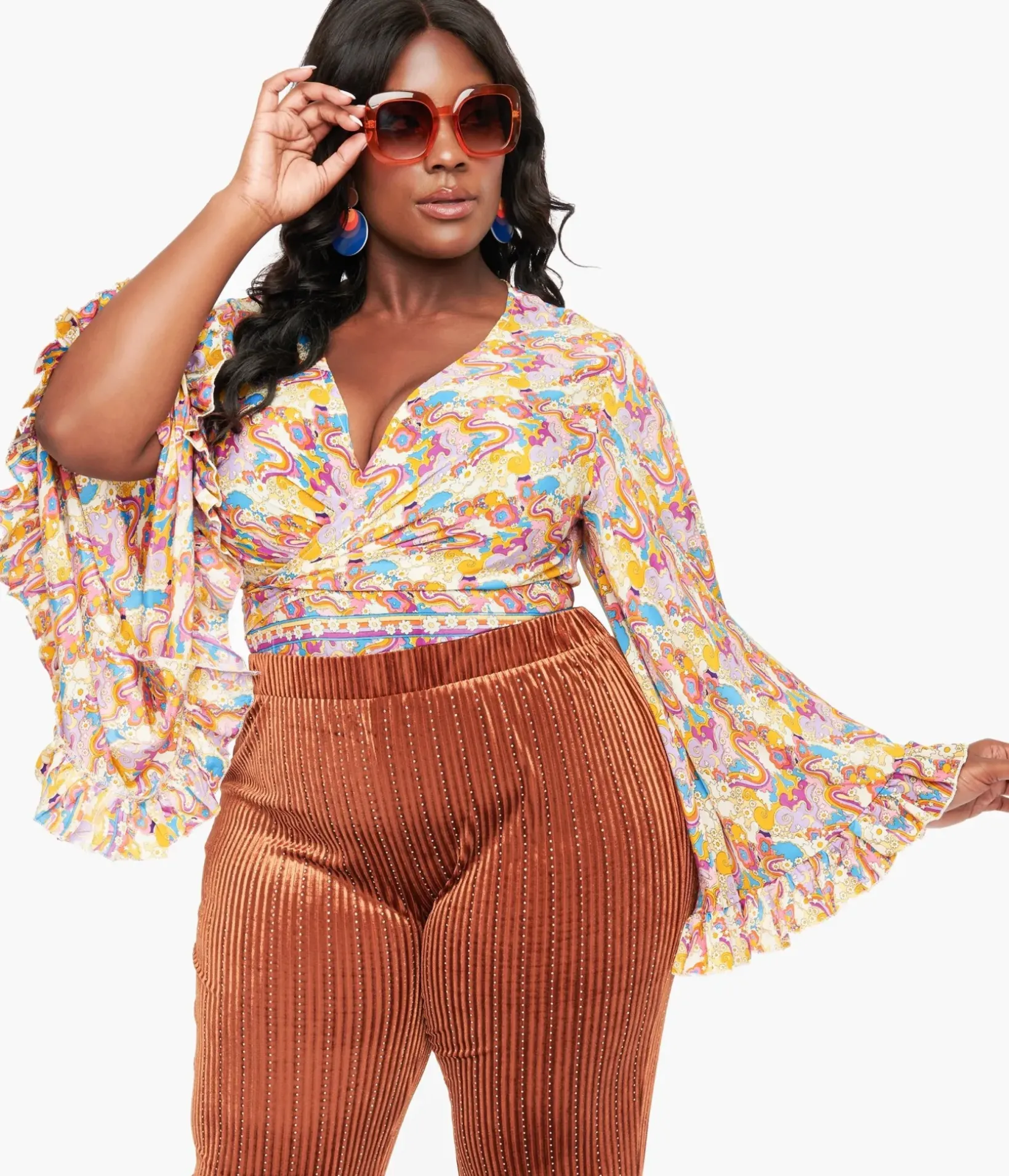 Unique Vintage Blouses|Blouses>1970s Rainbow Floral Silk Bell Sleeve Wrap Simona Top