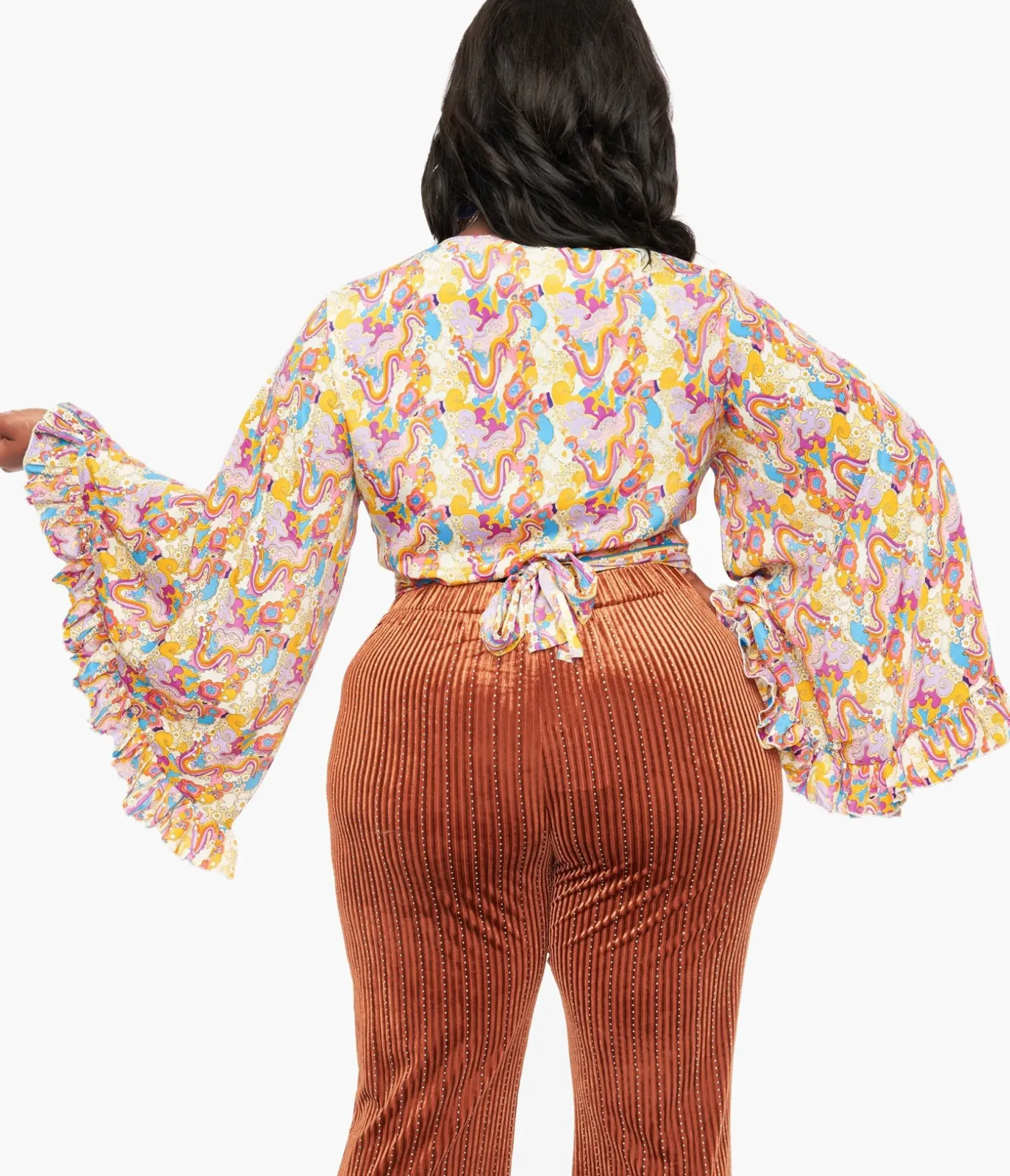 Unique Vintage Blouses|Blouses>1970s Rainbow Floral Silk Bell Sleeve Wrap Simona Top