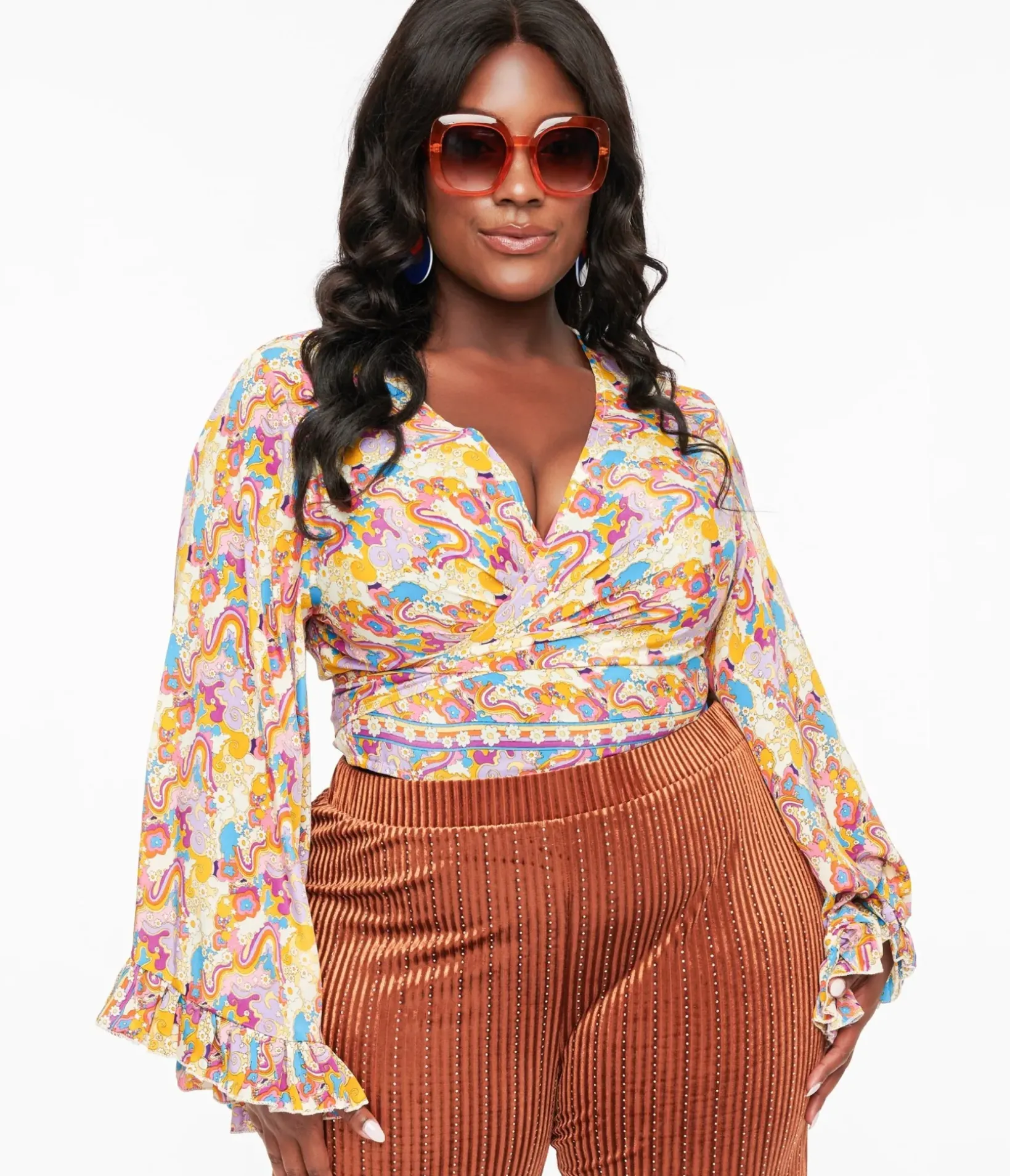 Unique Vintage Blouses|Blouses>1970s Rainbow Floral Silk Bell Sleeve Wrap Simona Top