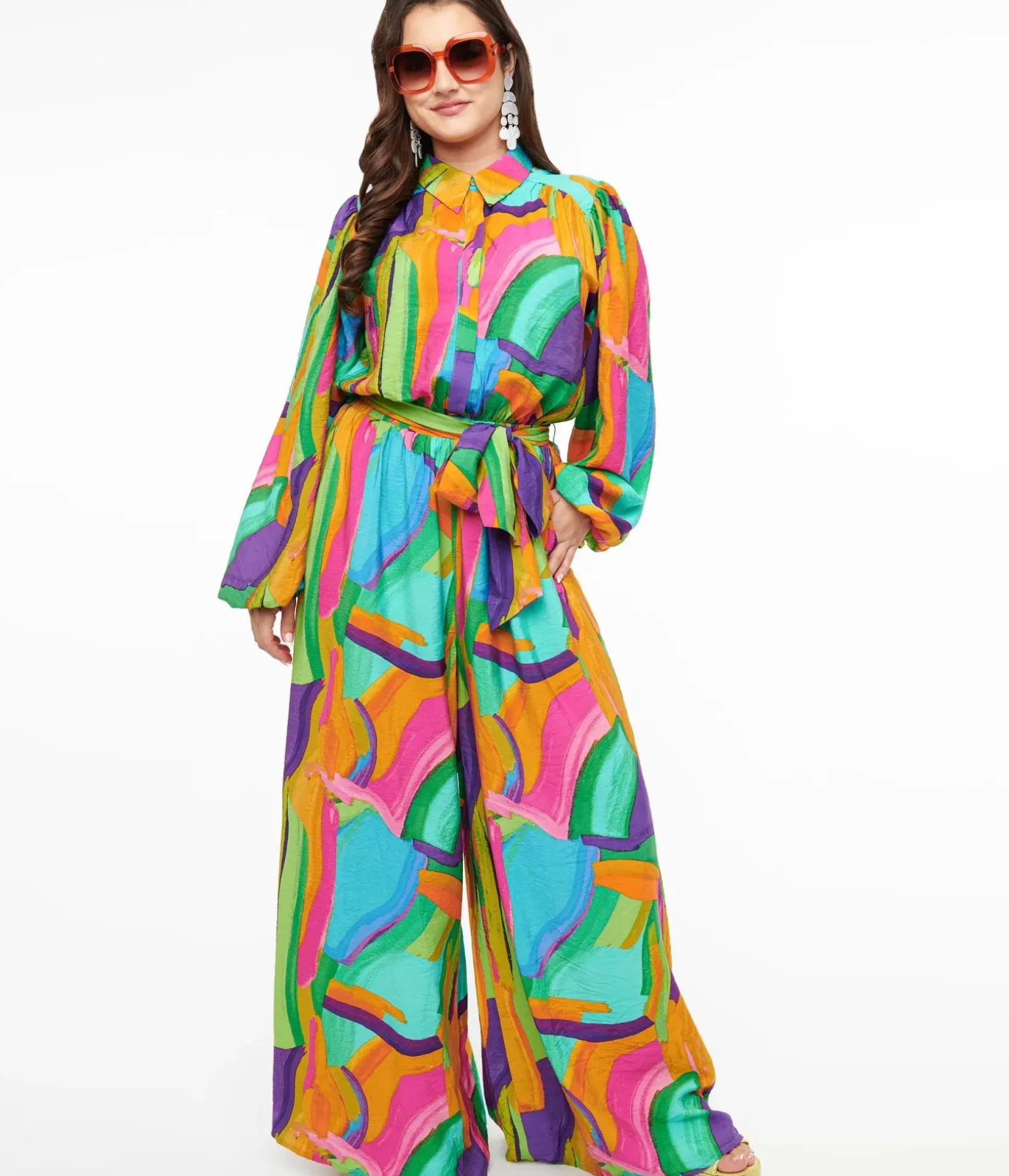 Unique Vintage Rompers & Jumpsuits|Rompers & Jumpsuits>1970s Rainbow Geometric Long Sleeve Jumpsuit