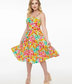 Unique Vintage Swing|Pocket Dresses>1950s Rainbow Watercolor Polka Dot Lori Swing Dress