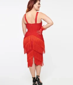 Unique Vintage Pencil|Pencil>1950s Red Fringe Speakeasy Wiggle Dress