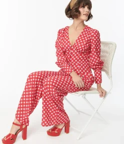 Unique Vintage All Things Red>1970s Red & Hawana Floral Print Jumpsuit
