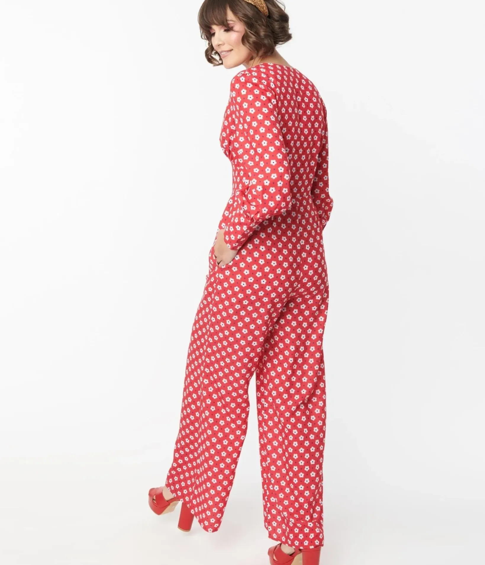 Unique Vintage All Things Red>1970s Red & Hawana Floral Print Jumpsuit