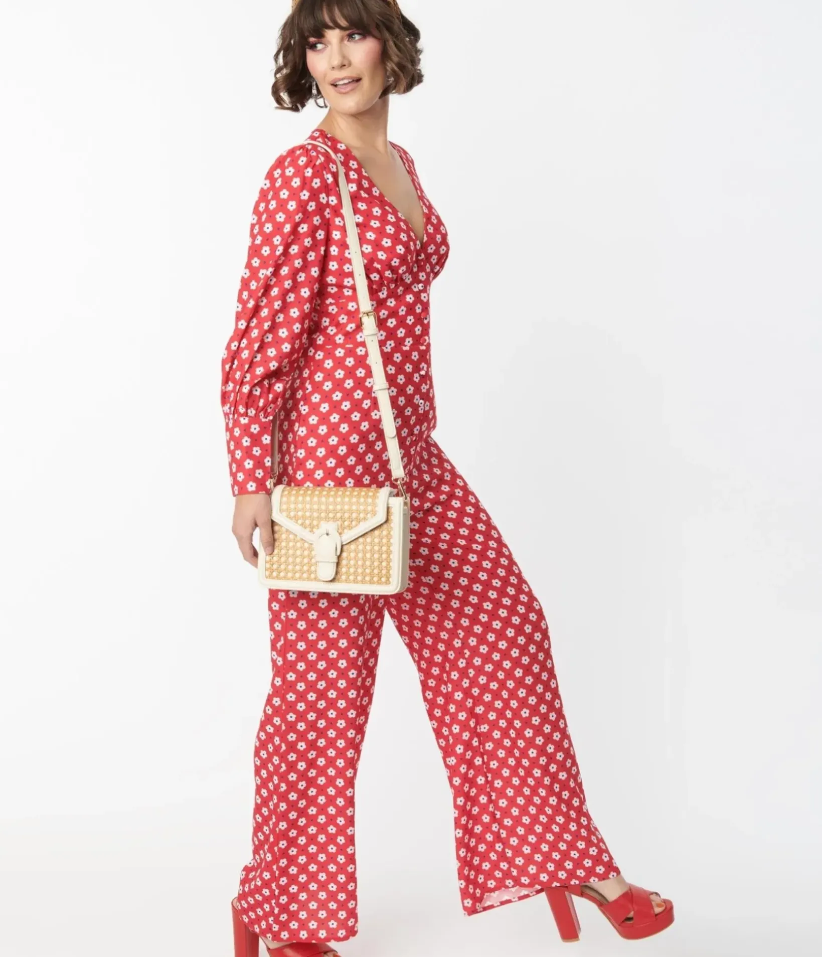 Unique Vintage All Things Red>1970s Red & Hawana Floral Print Jumpsuit