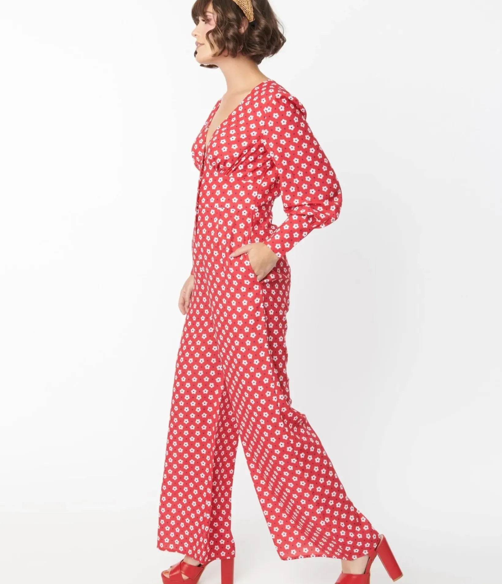 Unique Vintage All Things Red>1970s Red & Hawana Floral Print Jumpsuit