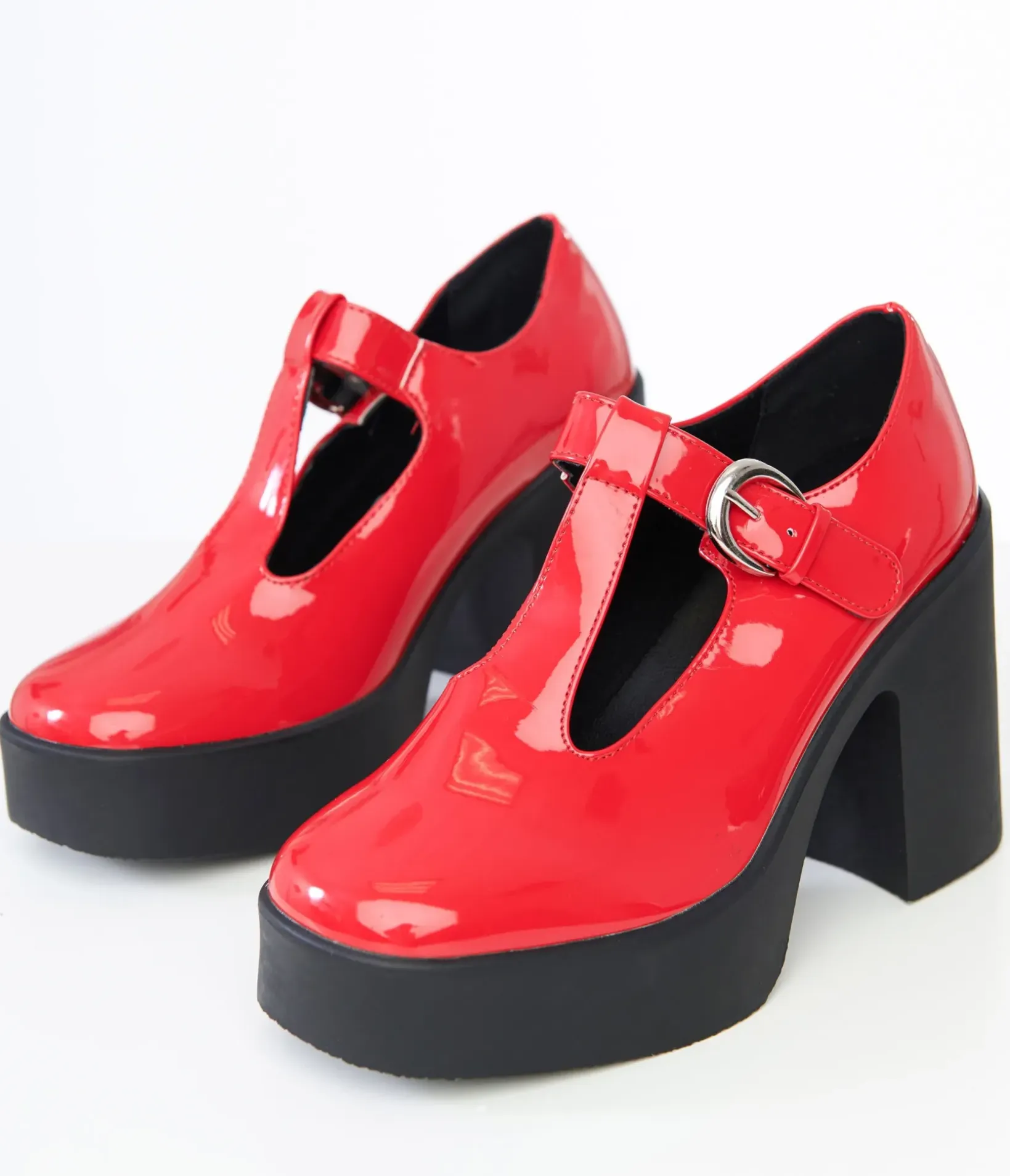 Unique Vintage Disney Bounding|Heels>1990s Red Patent Leatherette T-Strap Platforms
