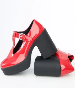 Unique Vintage Disney Bounding|Heels>1990s Red Patent Leatherette T-Strap Platforms