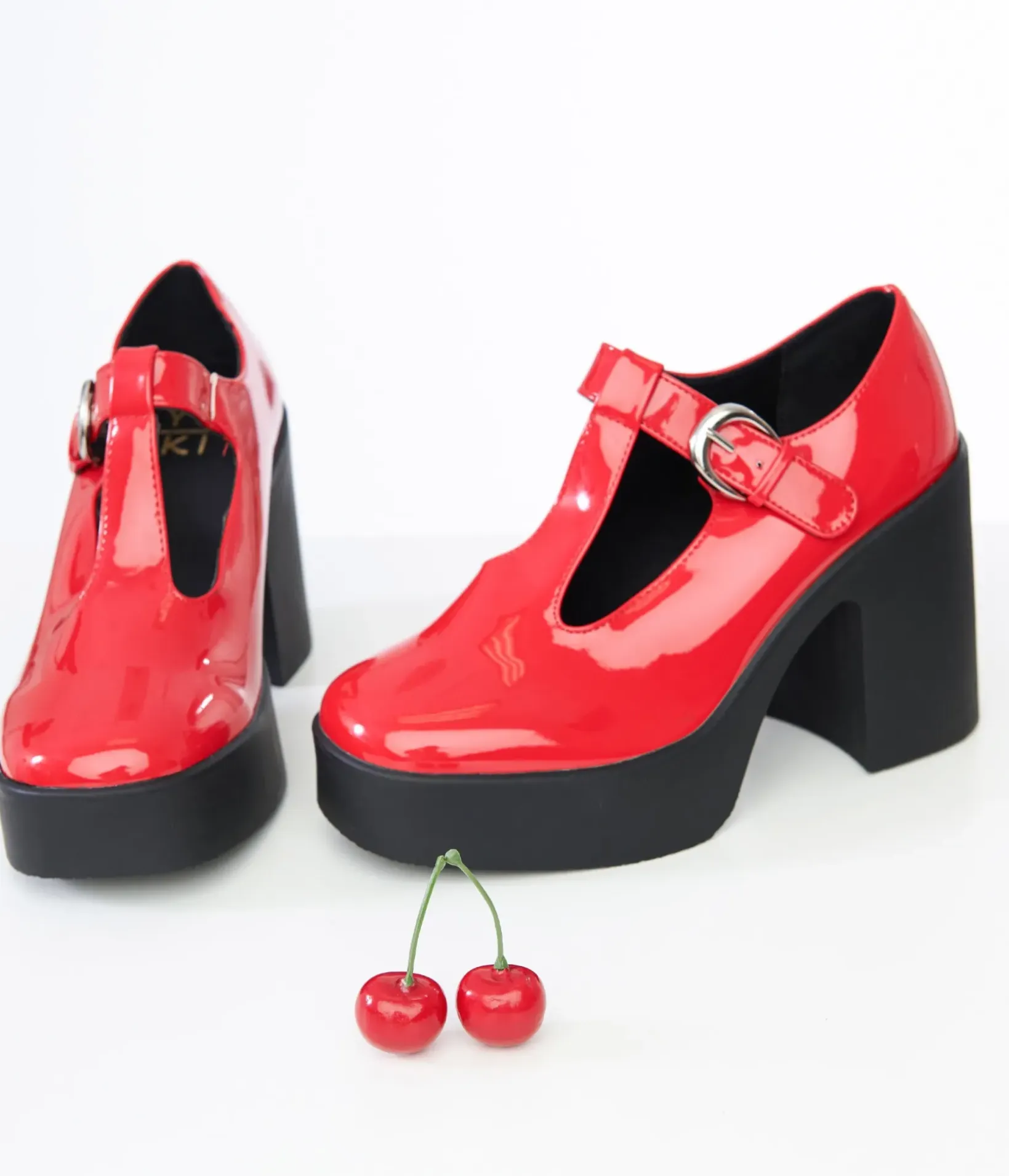 Unique Vintage Disney Bounding|Heels>1990s Red Patent Leatherette T-Strap Platforms