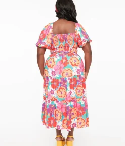 Unique Vintage Midi|Everyday Dresses>1970s Red & Pink Abstract Floral Midi Dress