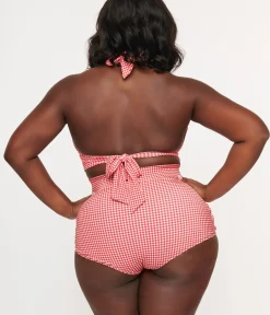 Unique Vintage Two Piece Swim|Swim Tops>1960s Red & White Gingham Halter Swim Top
