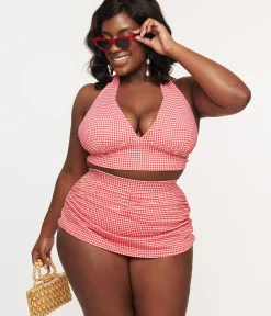 Unique Vintage Two Piece Swim|Swim Bottoms>1960s Red & White Gingham High Waist Swim Skirt