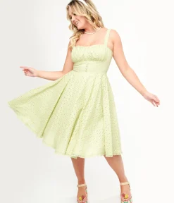 Unique Vintage Swing|Everyday Dresses>1950s Sage Green Eyelet Cotton Valerie Dress