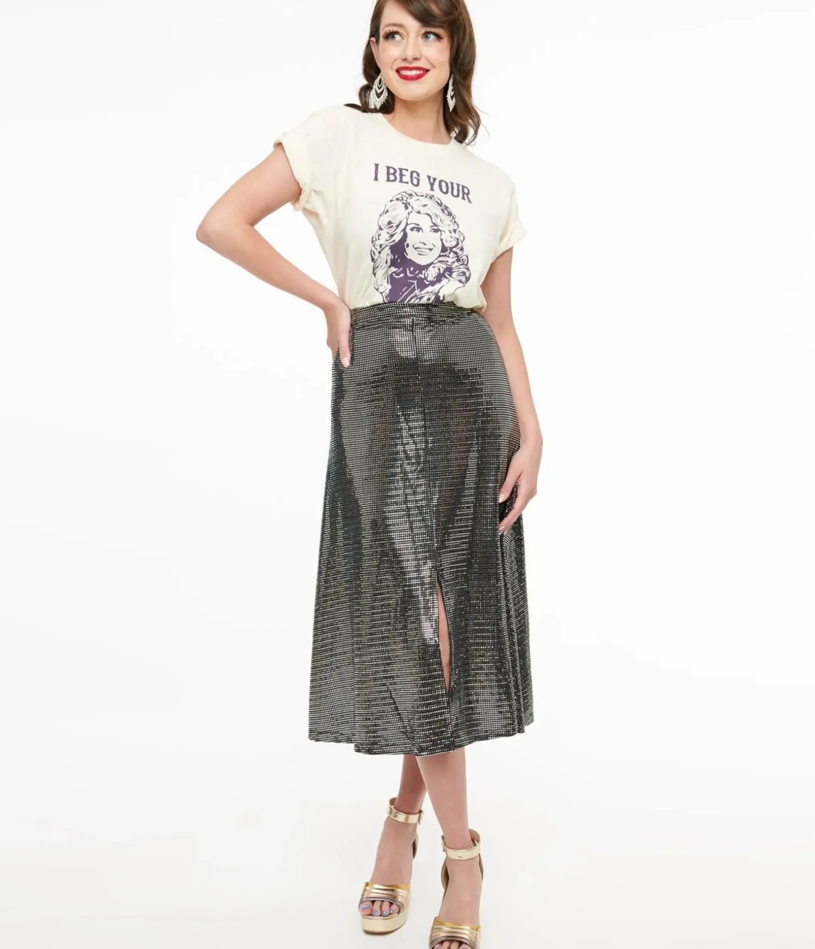 Unique Vintage Midi|Skirts>1970s Silver Boogie Night Midi Skirt