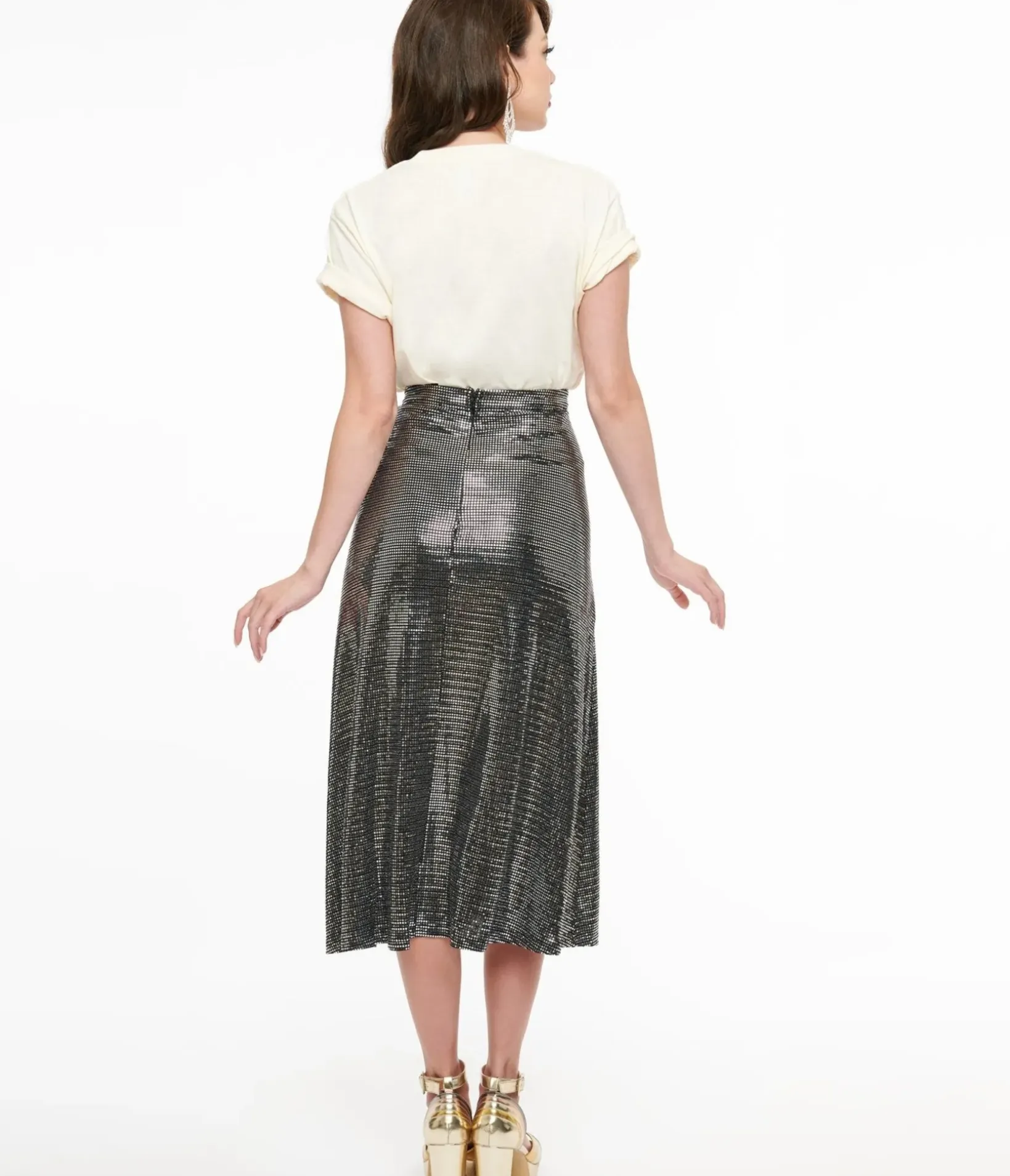 Unique Vintage Midi|Skirts>1970s Silver Boogie Night Midi Skirt