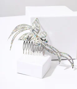 Unique Vintage Special Occasion|Prom Accessories>1920s Silver & Rainbow Rhinestone Butterfly Tiara Hair Comb
