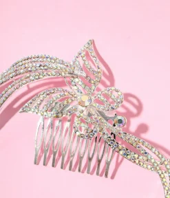 Unique Vintage Special Occasion|Prom Accessories>1920s Silver & Rainbow Rhinestone Butterfly Tiara Hair Comb