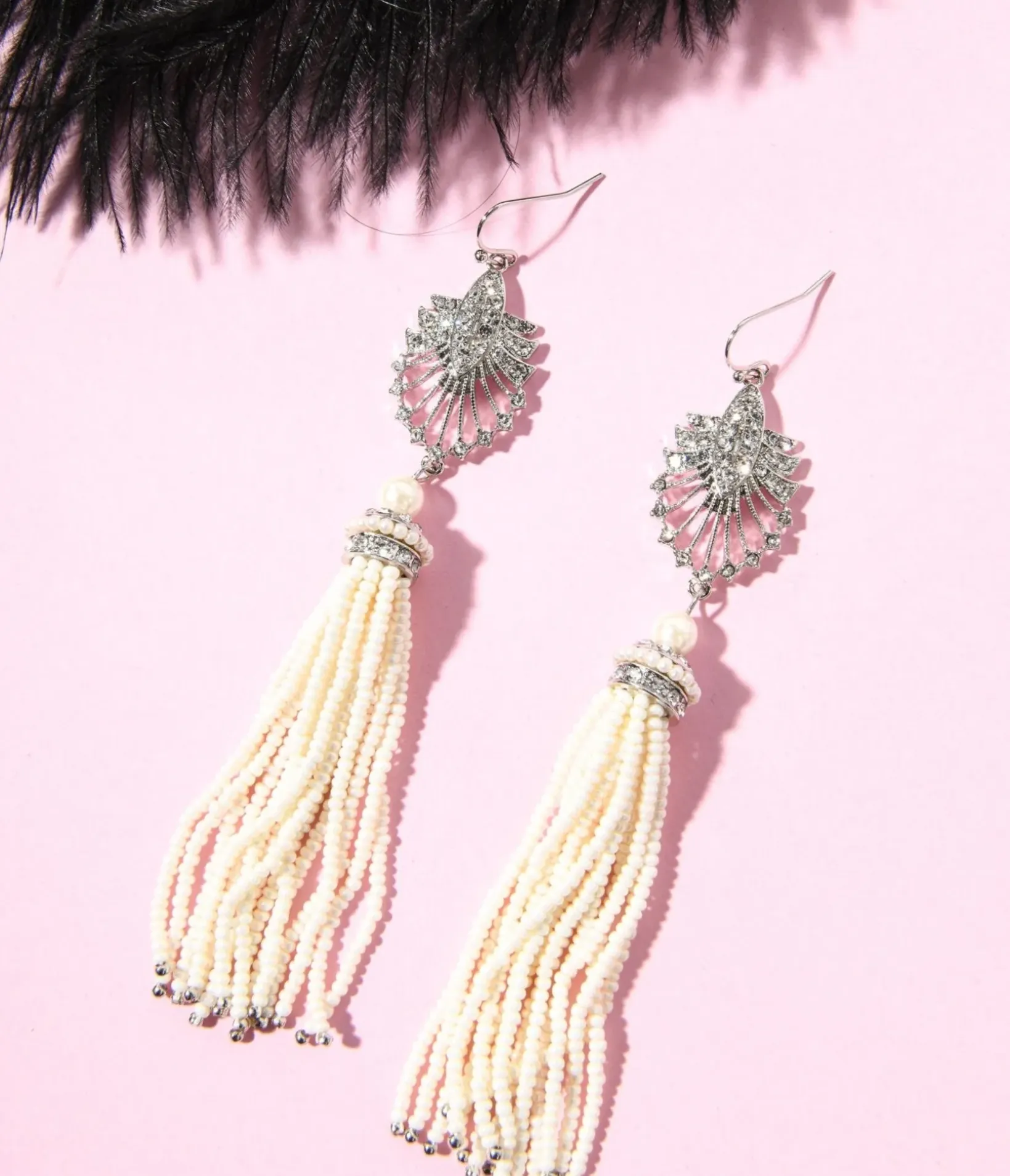 Unique Vintage Special Occasion|Flapper Accessories>1920s Silver & White Beaded Deco Tassel Dangle Earrings