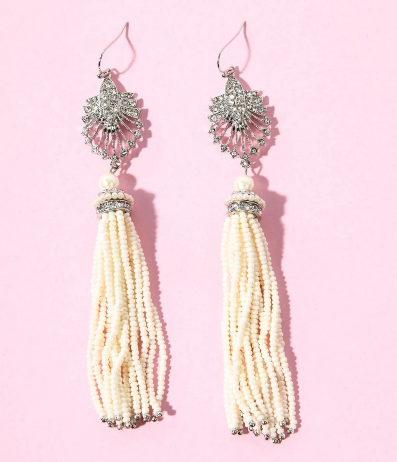 Unique Vintage Special Occasion|Flapper Accessories>1920s Silver & White Beaded Deco Tassel Dangle Earrings