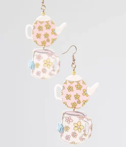 Unique Vintage Earrings>1960s Spot Of Tea Flower Teapot & Teacup Earrings