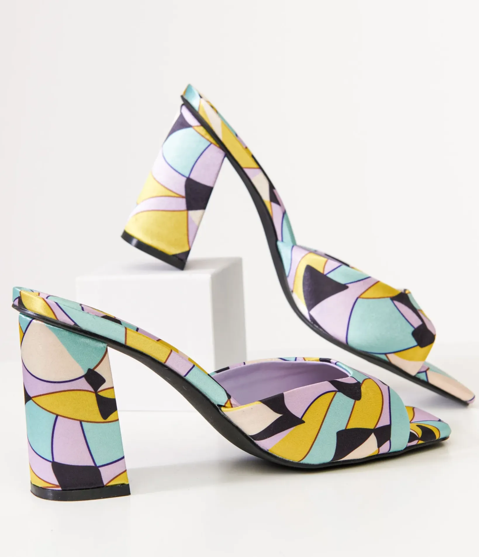 Unique Vintage Heels>1960s Stained Glass Square Toe Mule Heels