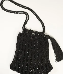 Unique Vintage Flapper Accessories>1920s Style Black Beaded & Crochet Tassel Purse