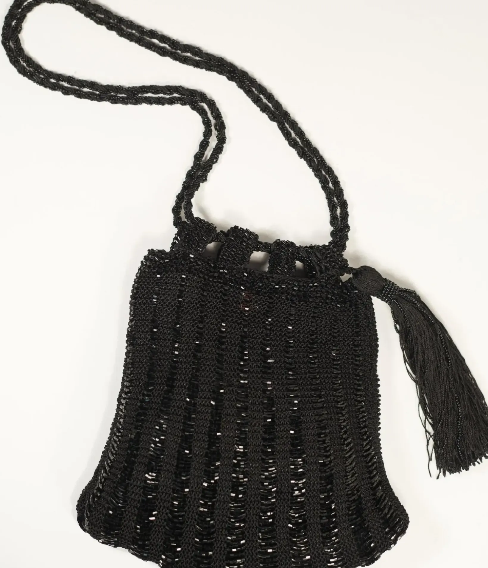 Unique Vintage Flapper Accessories>1920s Style Black Beaded & Crochet Tassel Purse