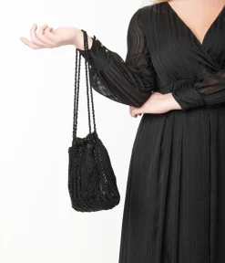Unique Vintage Flapper Accessories>1920s Style Black Beaded & Crochet Tassel Purse