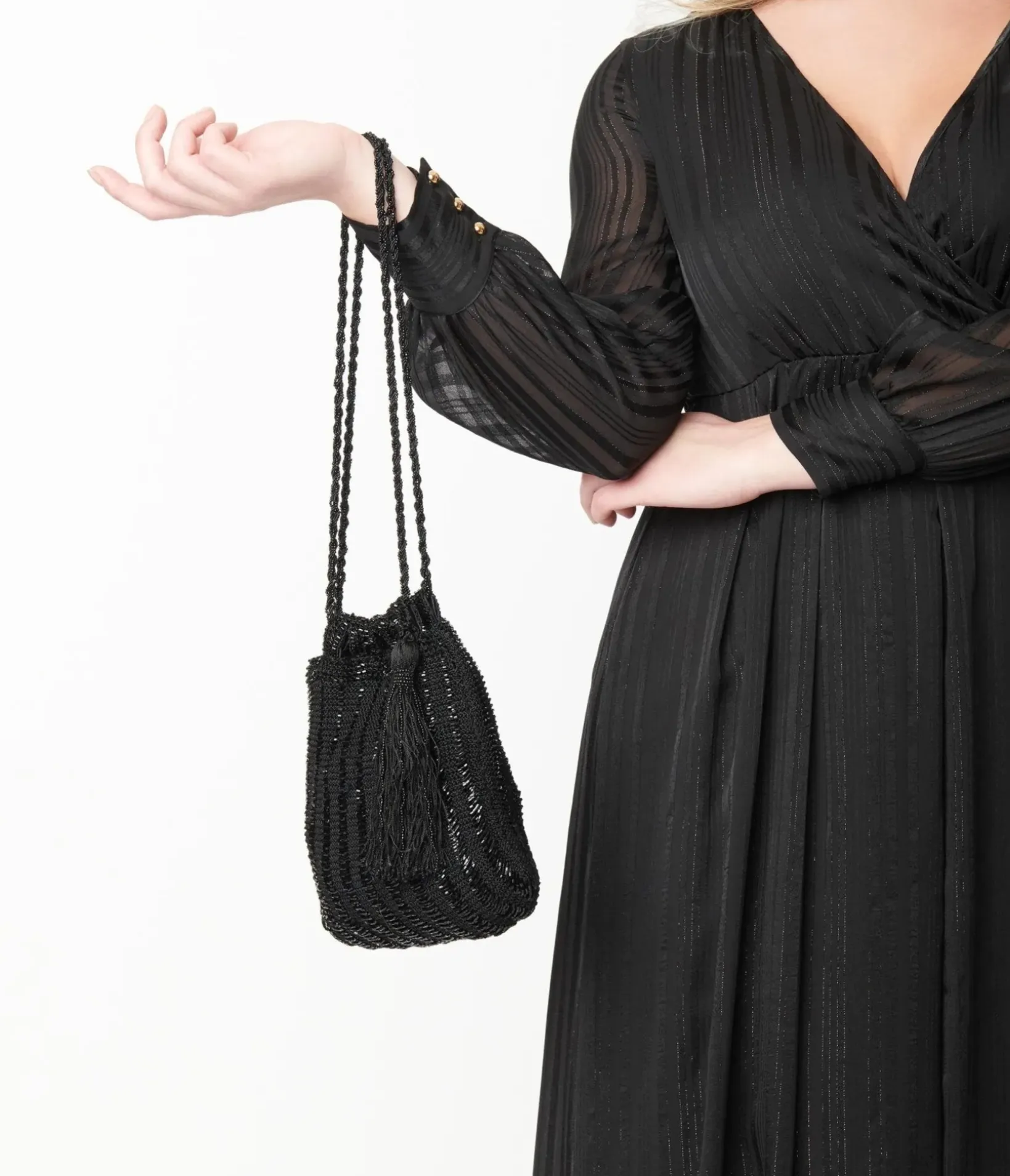 Unique Vintage Flapper Accessories>1920s Style Black Beaded & Crochet Tassel Purse