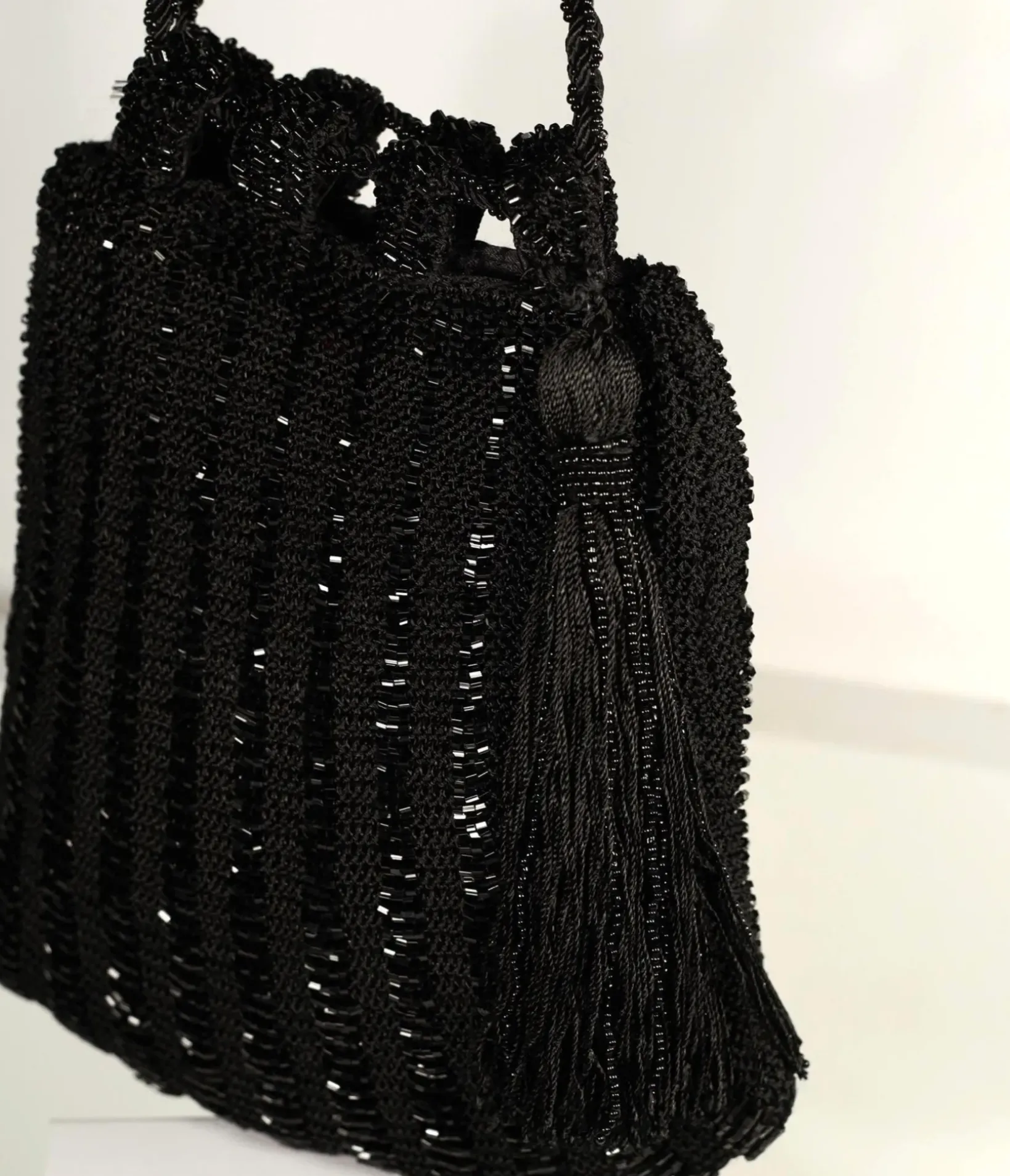 Unique Vintage Flapper Accessories>1920s Style Black Beaded & Crochet Tassel Purse