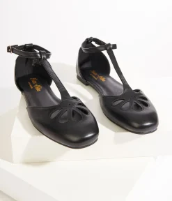 Unique Vintage Special Occasion|Work Wear>1920s Style Black Leatherette T-Strap Flats