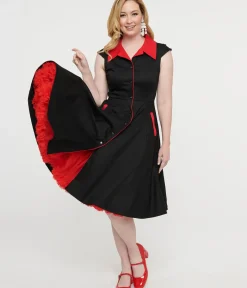 Unique Vintage Swing|Pocket Dresses>1950s Style Black & Red Cap Sleeve Button Up Diablo Swing Dress