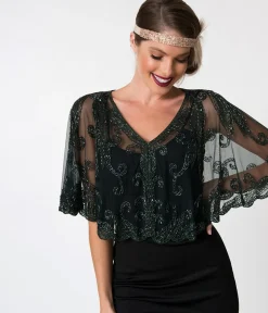 Unique Vintage Special Occasion|Flapper Accessories>1920s Style Dark Green & Olive Beaded Sheer Mesh Capelet