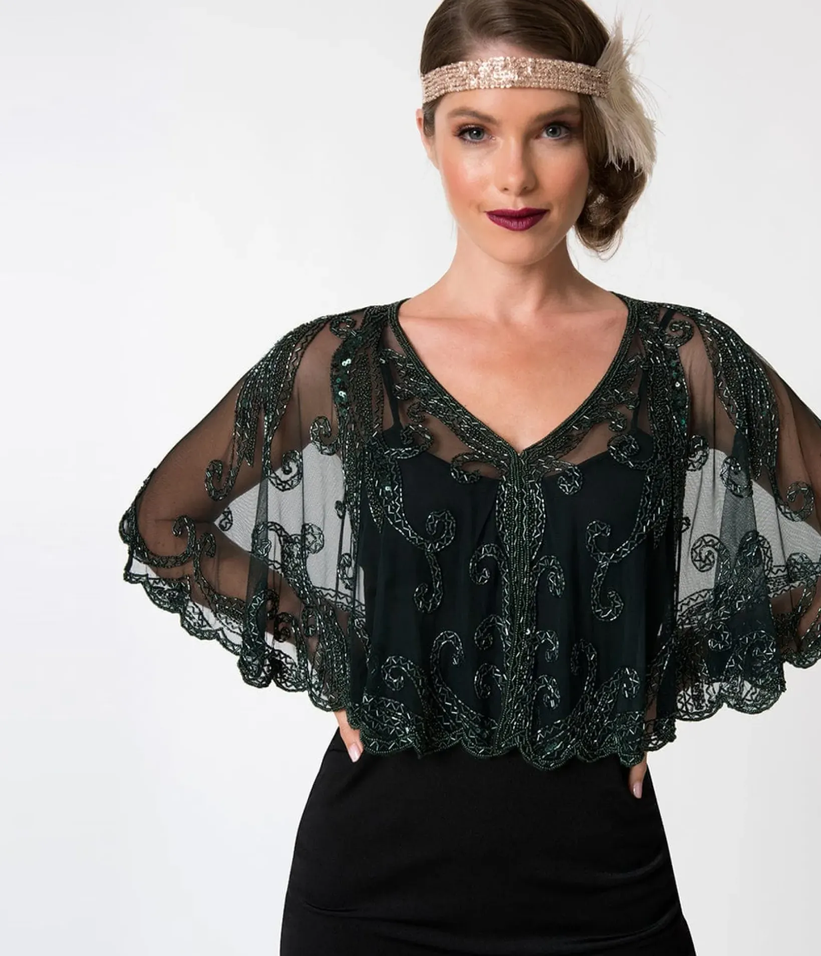 Unique Vintage Special Occasion|Flapper Accessories>1920s Style Dark Green & Olive Beaded Sheer Mesh Capelet
