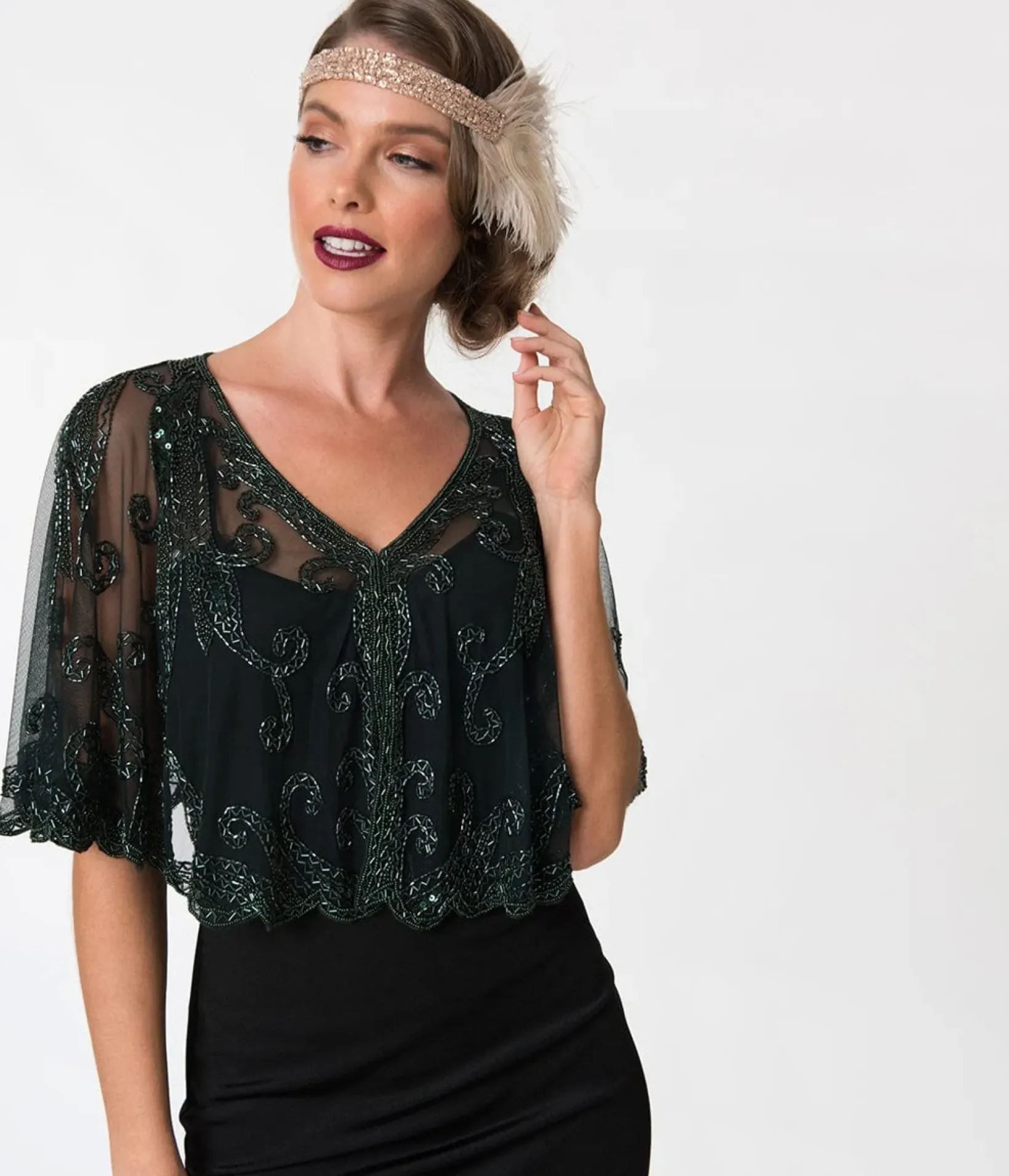 Unique Vintage Special Occasion|Flapper Accessories>1920s Style Dark Green & Olive Beaded Sheer Mesh Capelet