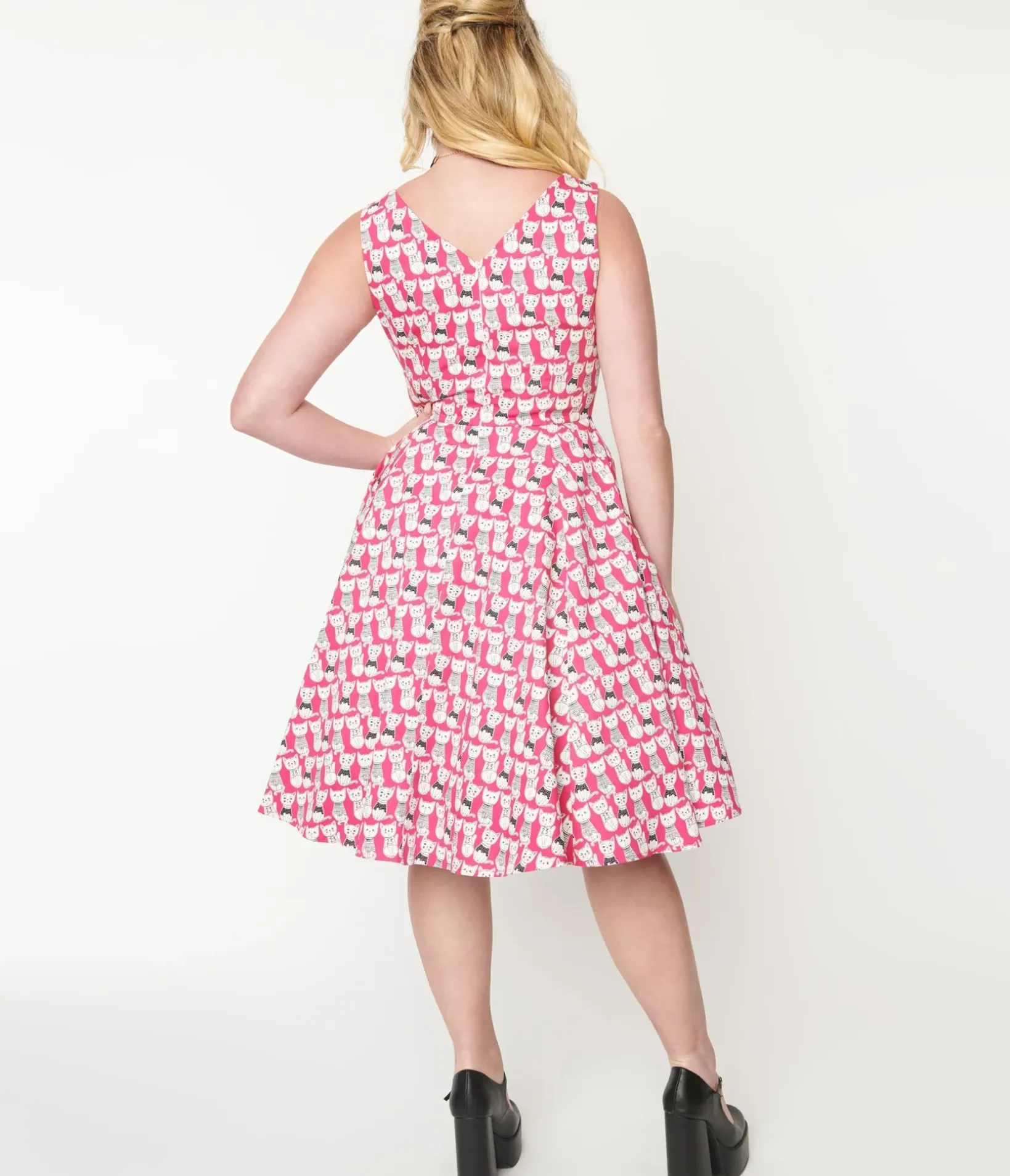 Unique Vintage Swing|Pocket Dresses>1950s Style Hot Pink Cat Print Sleeveless Swing Dress