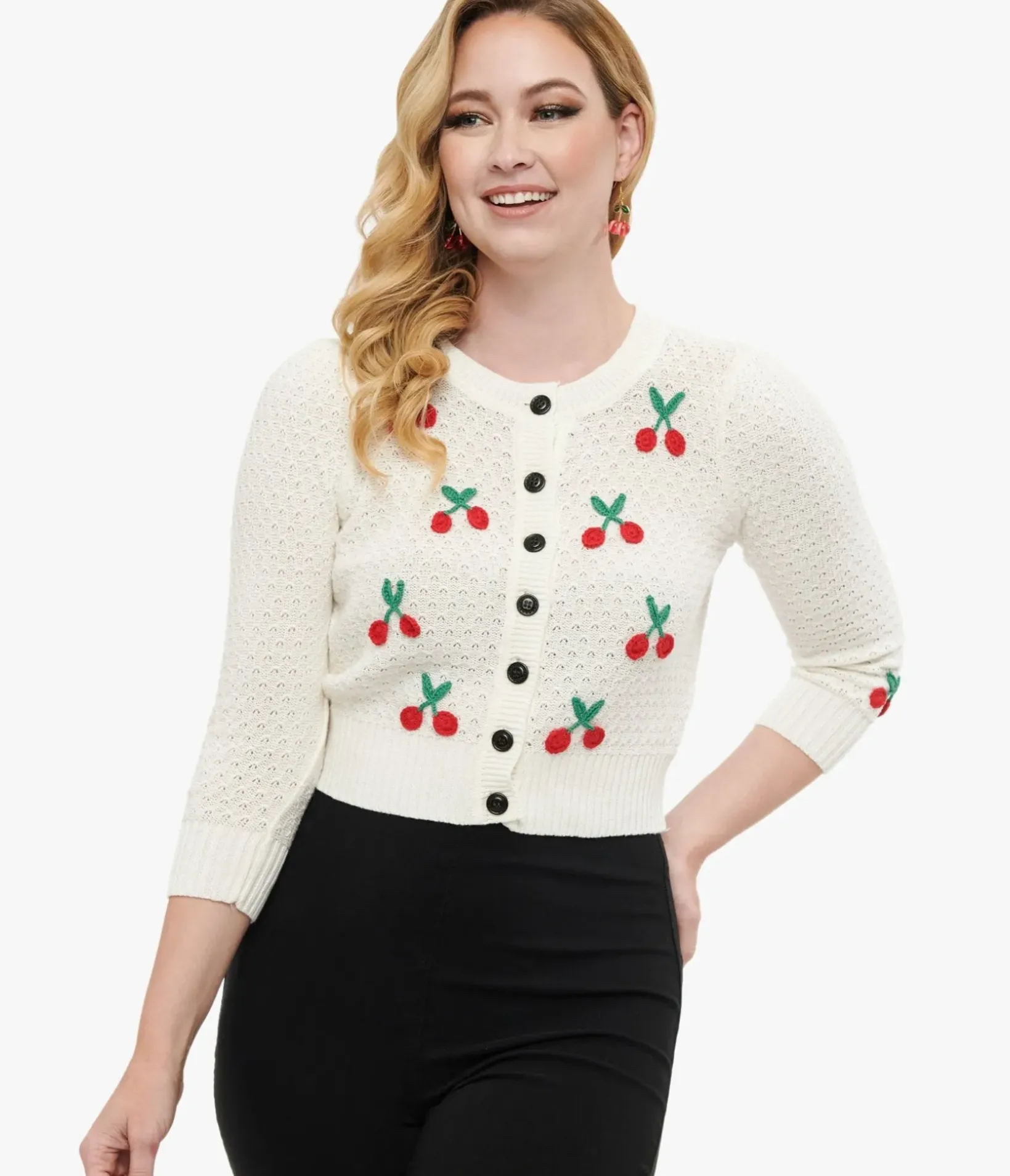 Unique Vintage Sweaters & Cardigans>1950s Style Ivory Oatmeal & Cherries Crochet Button Up Cardigan
