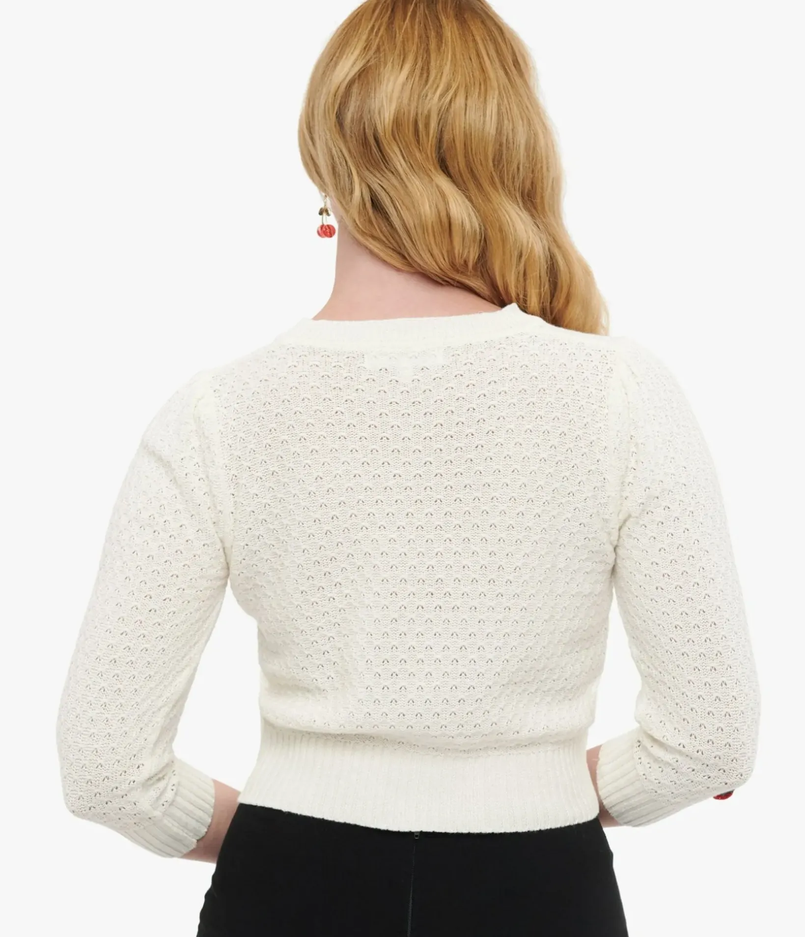 Unique Vintage Sweaters & Cardigans>1950s Style Ivory Oatmeal & Cherries Crochet Button Up Cardigan