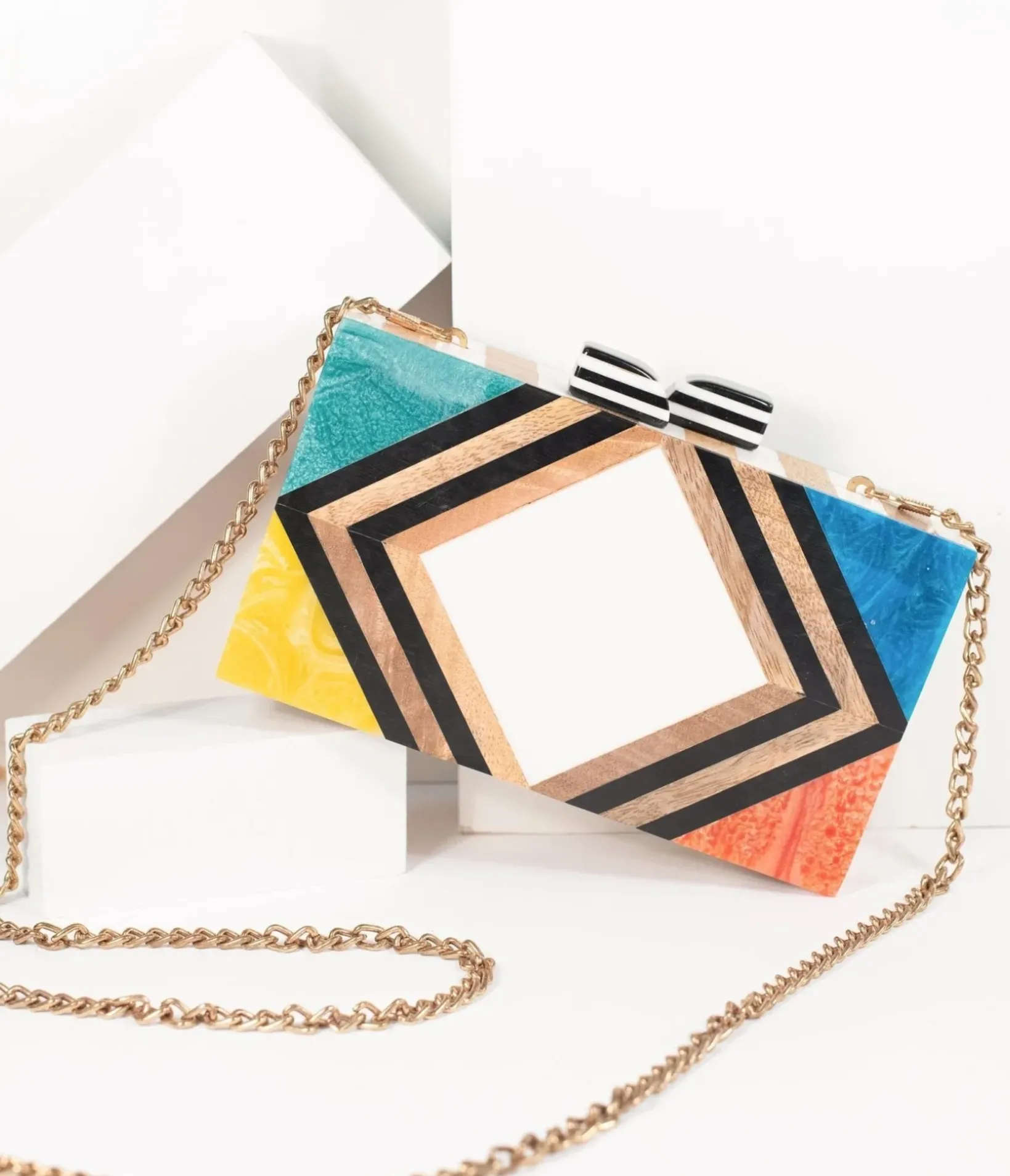 Unique Vintage Special Occasion|Prom Accessories>1960s Style Rainbow Chevron Wood & Resin Hard Clutch