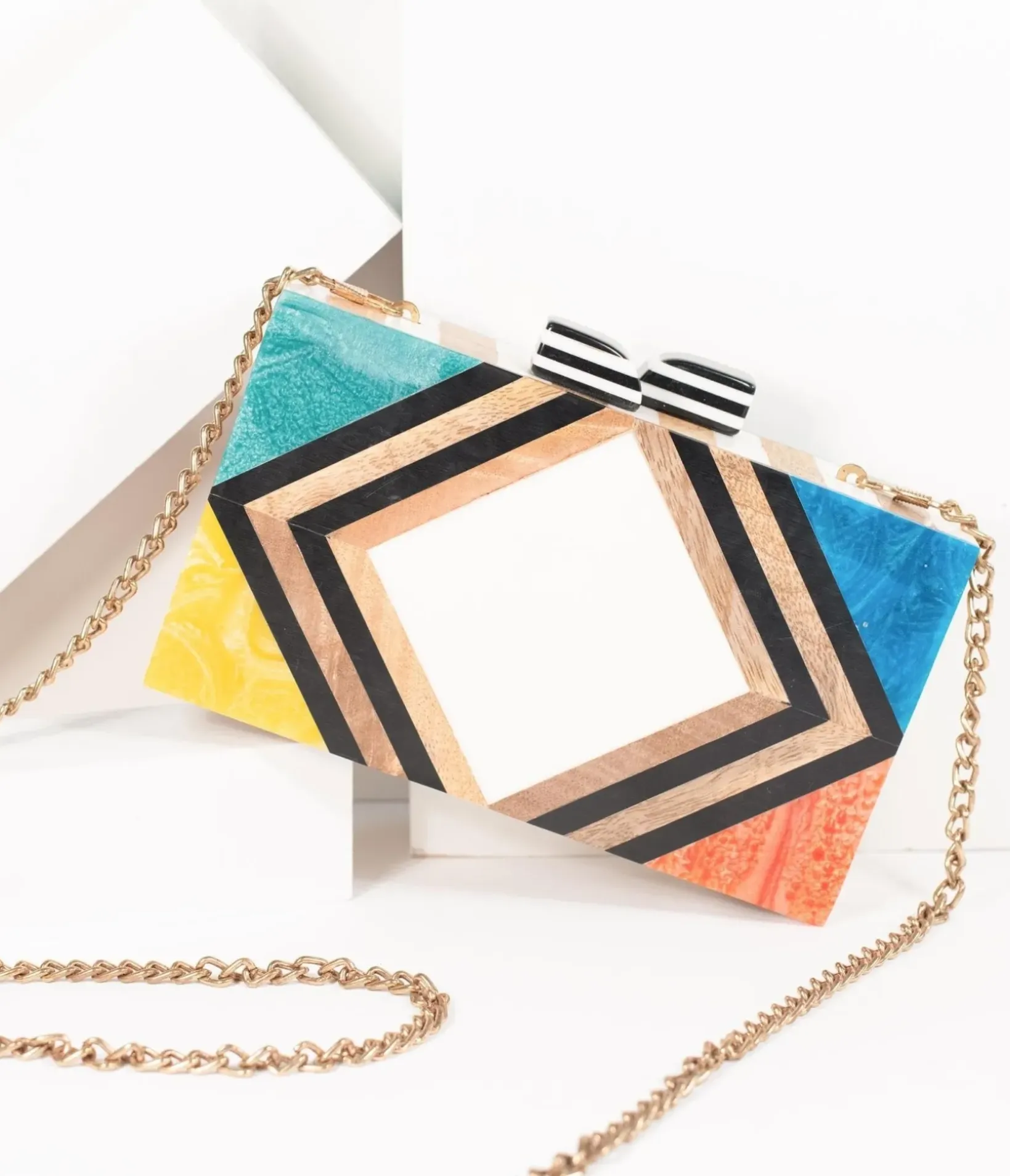 Unique Vintage Special Occasion|Prom Accessories>1960s Style Rainbow Chevron Wood & Resin Hard Clutch