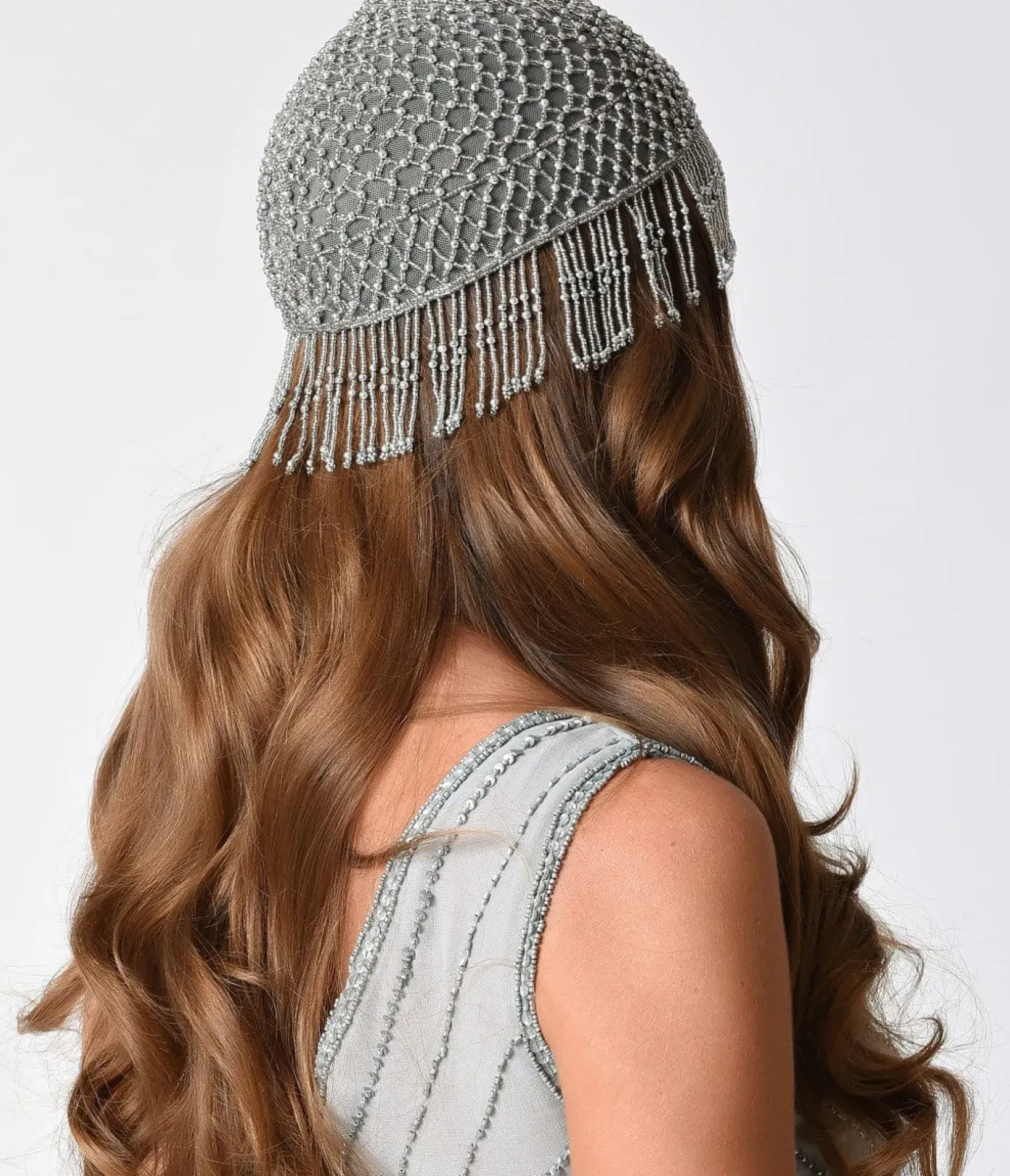 Unique Vintage Special Occasion|Flapper Accessories>1920s Style Silver Beaded Fringe Flapper Cap