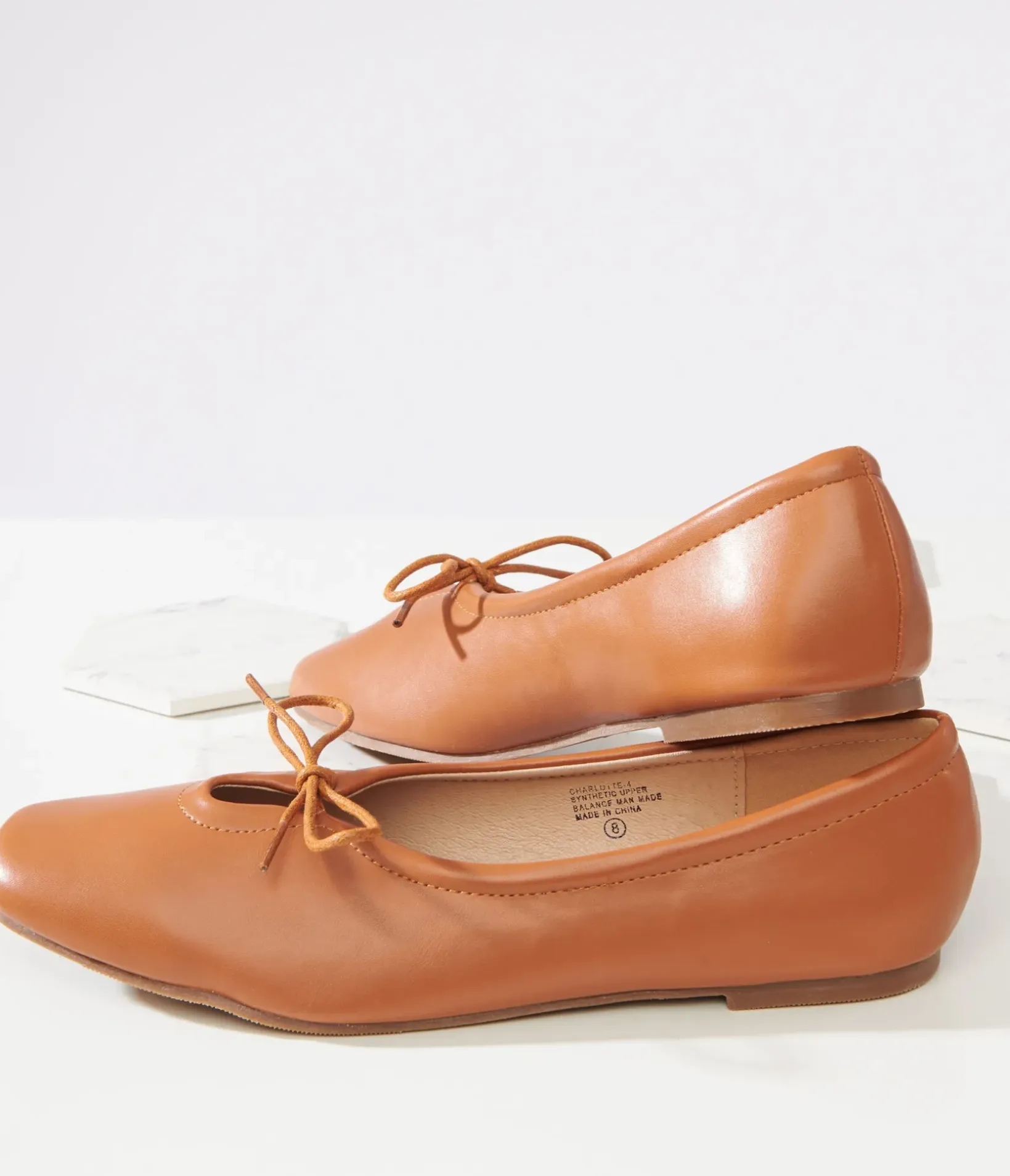 Unique Vintage Work Wear|Flats>1960s Tan Leatherette Bow Ballet Flats
