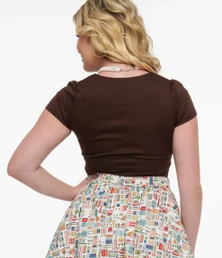 Unique Vintage Blouses|Blouses>Steady 1950s Chocolate Brown Short Sleeve Knit Sophia Top