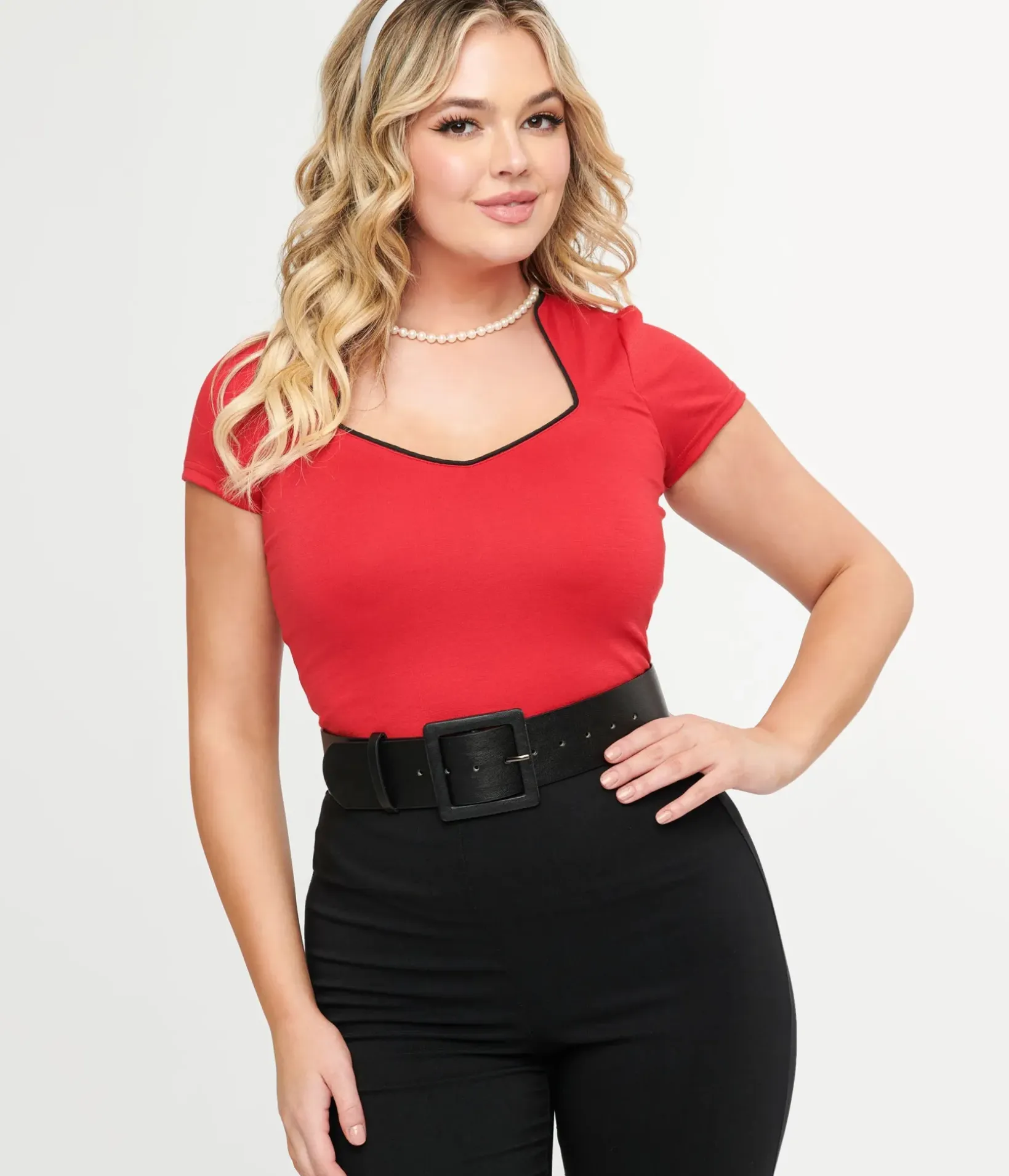 Unique Vintage Blouses|Blouses>Steady 1950s Red & Black Piped Sophia Top