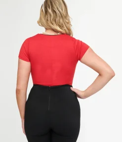 Unique Vintage Blouses|Blouses>Steady 1950s Red & Black Piped Sophia Top