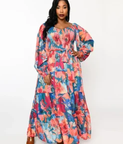 Unique Vintage Maxi|Midi & Maxi>1970s Teal & Coral Floral Maxi Dress